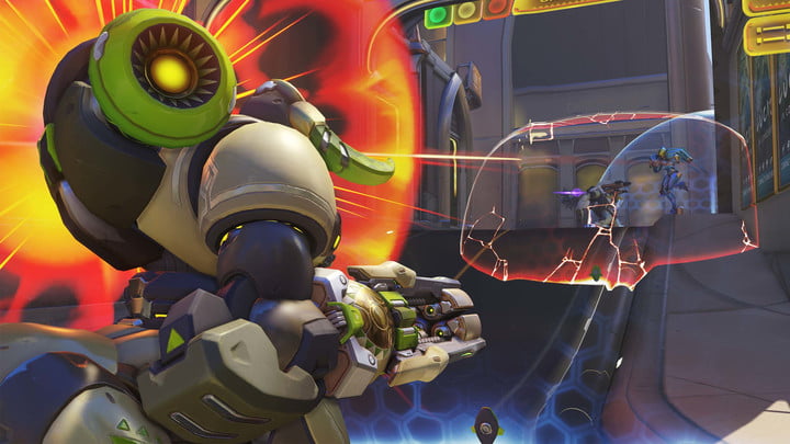 Overwatch characters fighting on a street.