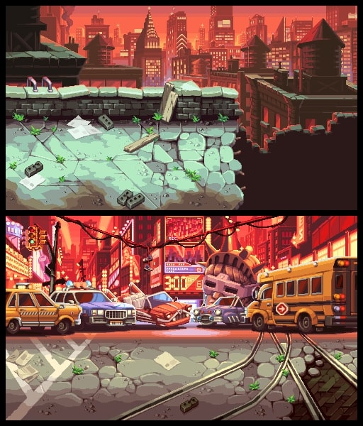 A sketch of a rooftop and street in Teenage Mutant Ninja Turtles: Shredder's Revenge.
