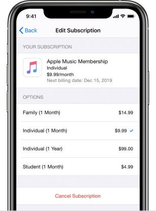 Settings for changing your Apple Music subscription on an iPhone.