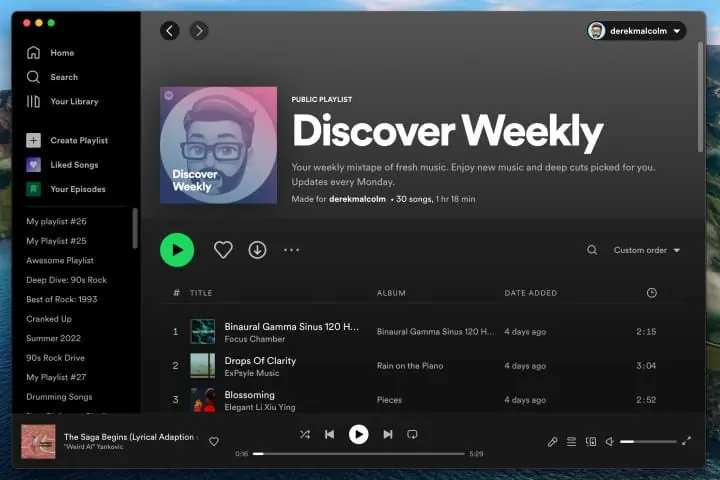 Spotify's Discover Weekly page on the desktop app.