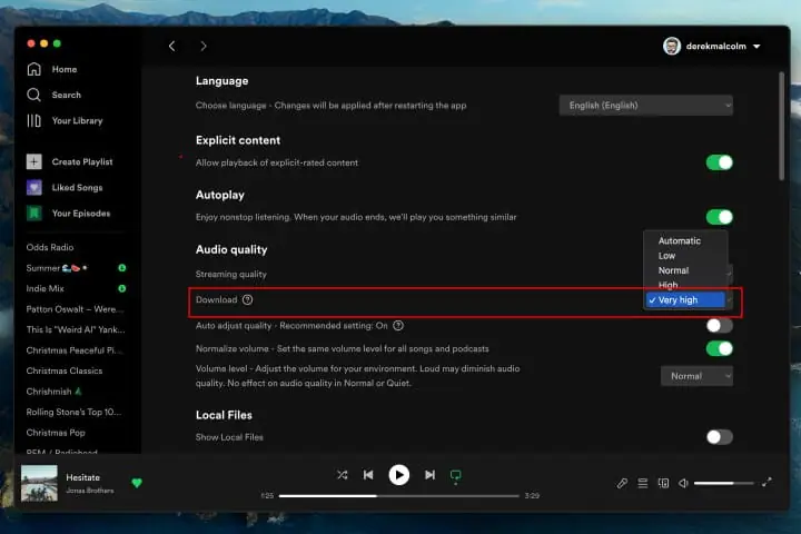 How to download music and podcasts from Spotify: Setting the download quality.