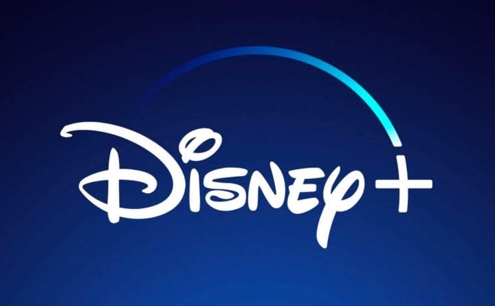 Disney+ logo on blue gradient background.