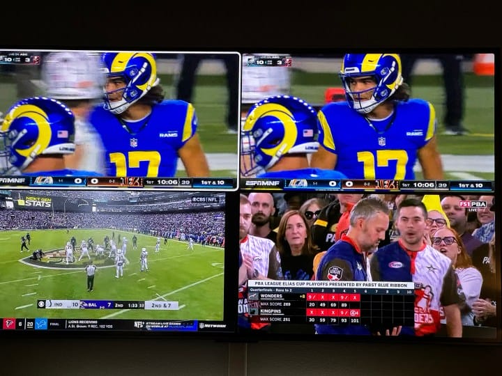 YouTube TV showing NFL games and bowling in multiview.