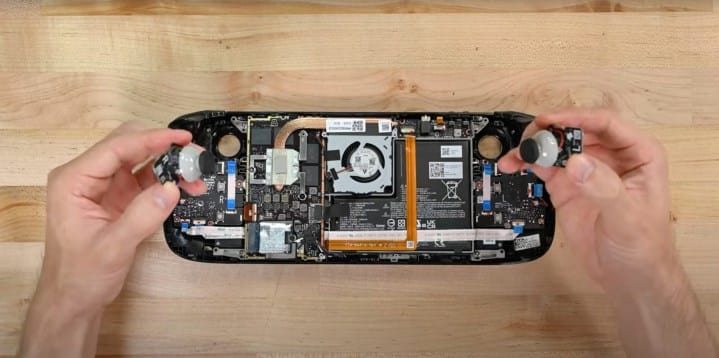 iFixit's Steam deck teardown shows that you can easily remove the thumb sticks.
