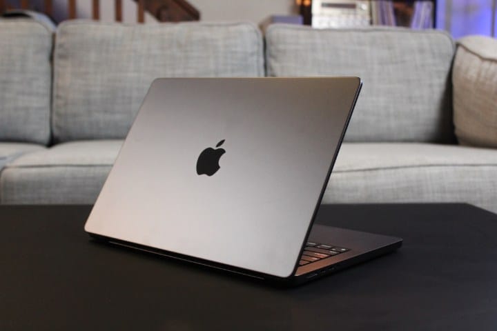 The 14-inch MacBook Pro with the M3 Max chip, seen from the back.