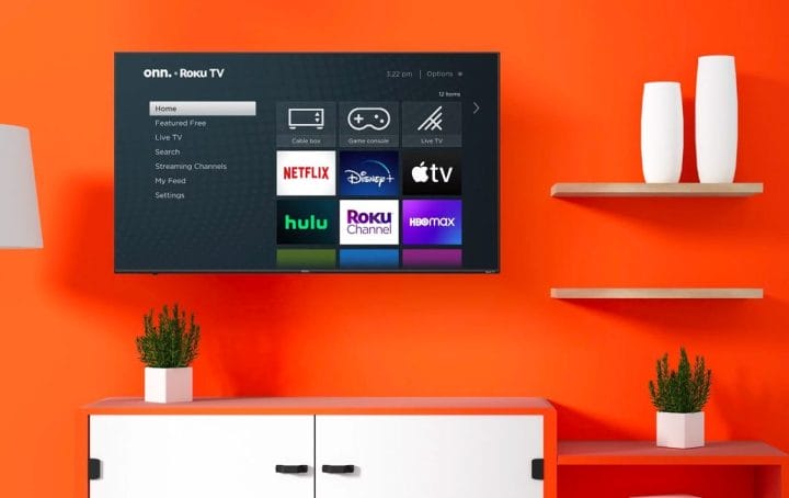 ONN.  A 70-inch 4K Roku TV hangs on the wall as part of a home theater arrangement.