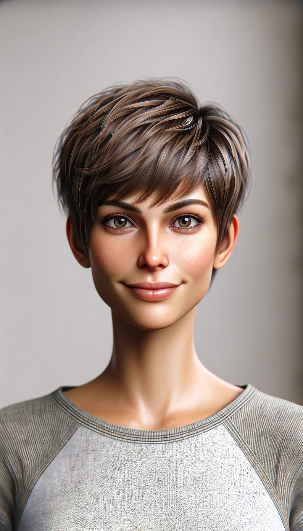 casual pixie cut hairstyle featuring short bangs