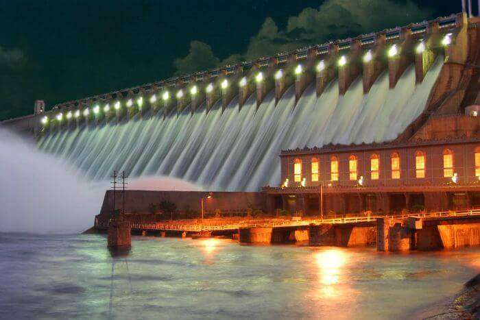 Night view of Nagarjuna Sagar Dam, one of the tourist places near Hyderabad